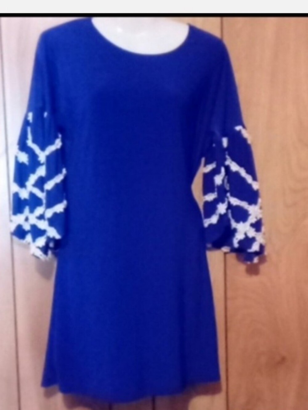 Judith March Royal Blue Shift Dress with White Embroidered Bell Sleeves